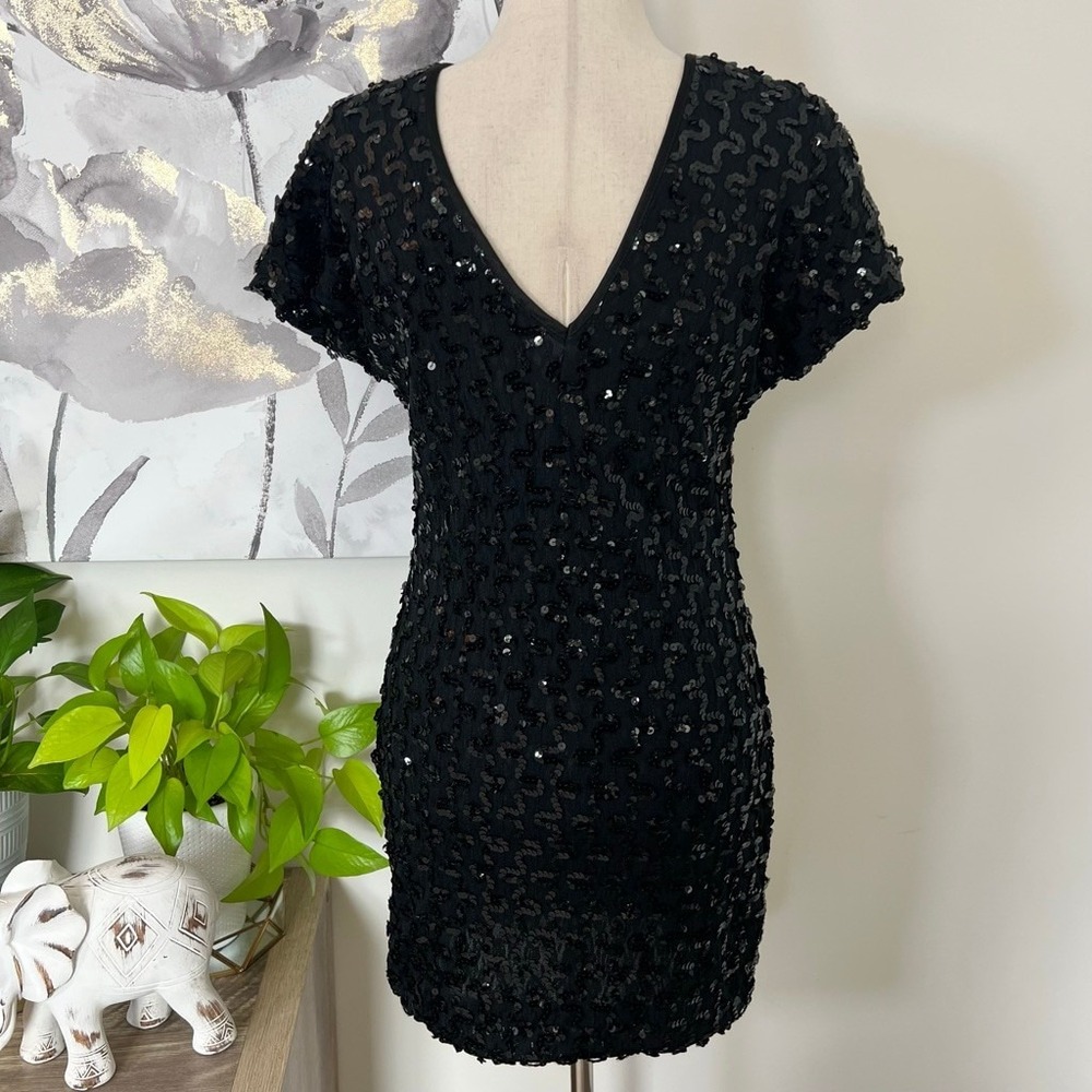 Vtg Petite Lanz Black Sequin Mini Cocktail Dress Made in USA Holiday Party Goth - Picture 5 of 9